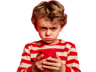 Child with Smartphone on Pink Background with frowning face, gadget addiction concept