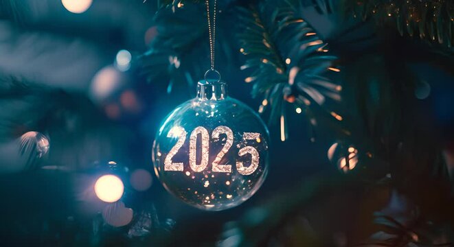 Happy New Year, 2025 New Year's Eve celebration holiday greeting card, glowing lights in Christmas bulbs, Glowing numbers 2025 3d number aspect ratio