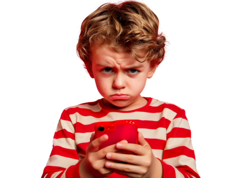 Child with Smartphone on Pink Background with frowning face, gadget addiction concept