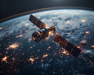Satellite Orbiting Earth Transmitting Data Back to Ground Station Technology Concept with Global Connectivity and