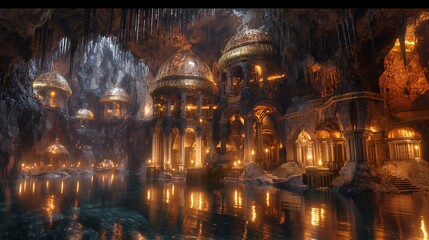 A grandiose floating palace adorned with shimmering crystals and intricate carvings, drifting gracefully on tranquil waters illuminated by the soft glow of lanterns and surrounded by lush gardens.