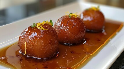 Sweet and delectable gulab jamun served in syrup on a white plate