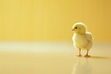 Baby chicken on a yellow background. A monochrome background with a place for text and cute, fluffy yellow pet chickens.