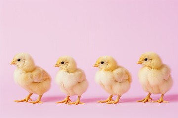 Baby chicken on a pink background. A monochrome background with a place for text and cute, fluffy yellow pet chickens.