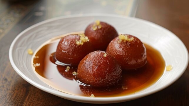 Sweet and delectable gulab jamun served in syrup on a white plate