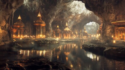 A grandiose subterranean cityscape carved from living rock, with vaulted chambers adorned with gilded accents and glowing crystals, reflecting the warm hues of flickering torchlight.