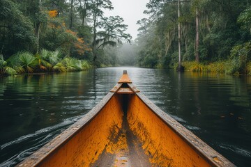 A rustic canoe expedition through a pristine wilderness, with dense forest on either side of the narrow waterway