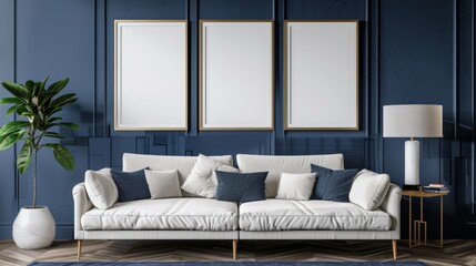 Living room interior wall frame mockup in bright tones with have sofa and lamp with navy blue panel wall background .