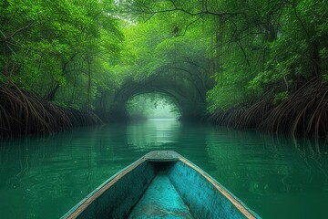 A serene rowboat journey through a lush mangrove forest, with the tangled roots forming an...