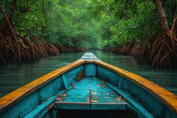 A serene rowboat journey through a lush mangrove forest, with the tangled roots forming an...