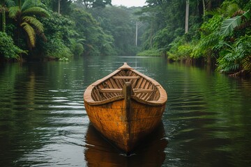 A traditional African pirogue boat gliding gracefully through a tranquil river, surrounded by lush vegetation