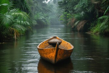 A traditional African pirogue boat gliding gracefully through a tranquil river, surrounded by lush vegetation