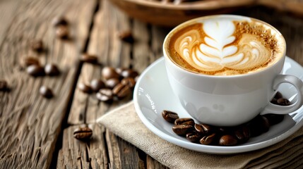 A steaming cup of cappuccino with latte art on a wooden table, surrounded by coffee beans for a cozy coffee shop vibe.