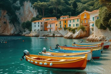 A traditional Mediterranean fishing village, where colorful boats are moored in a picturesque harbor