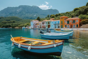 Fototapeta na wymiar A traditional Mediterranean fishing village, where colorful boats are moored in a picturesque harbor
