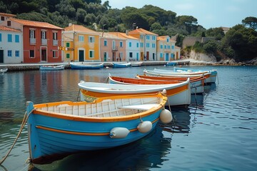 A traditional Mediterranean fishing village, where colorful fishing boats are moored in a picturesque harbor