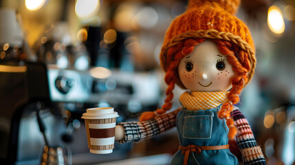 Diorama of a Girl Receiving Coffee in a Café, Small and Midsized Business Idea with Copyspace