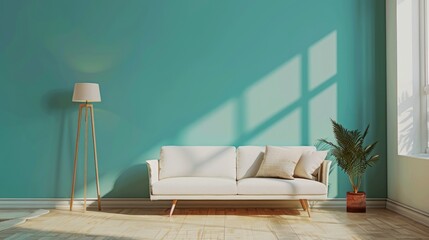 Living room interior wall mockup in bright tones with have sofa and lamp with tosca green panel wall background. 