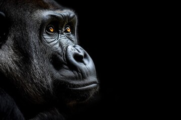 Obraz premium A close-up portrait of a gorilla, isolated against a black background. Horizontal. Space for copy.