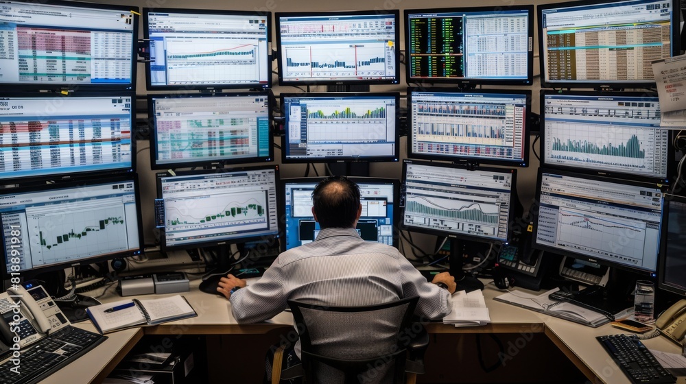 Poster trader monitoring financial graphs on multiple screens in a busy trading floor