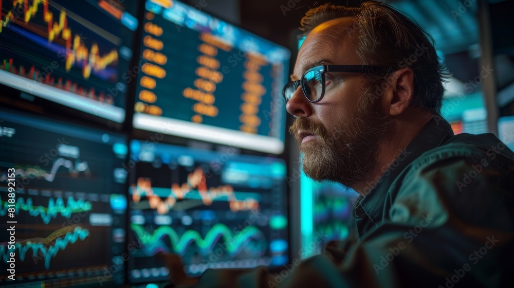 Poster trader monitoring gold price graphs on multiple screens in a busy trading floor