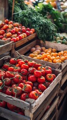 Tomatoes and other vegetables are in wooden boxes at a market. Farmer market background   