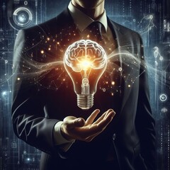 A conceptual image of a man in a suit holding a brain-shaped light bulb surrounded by data streams.. AI Generation