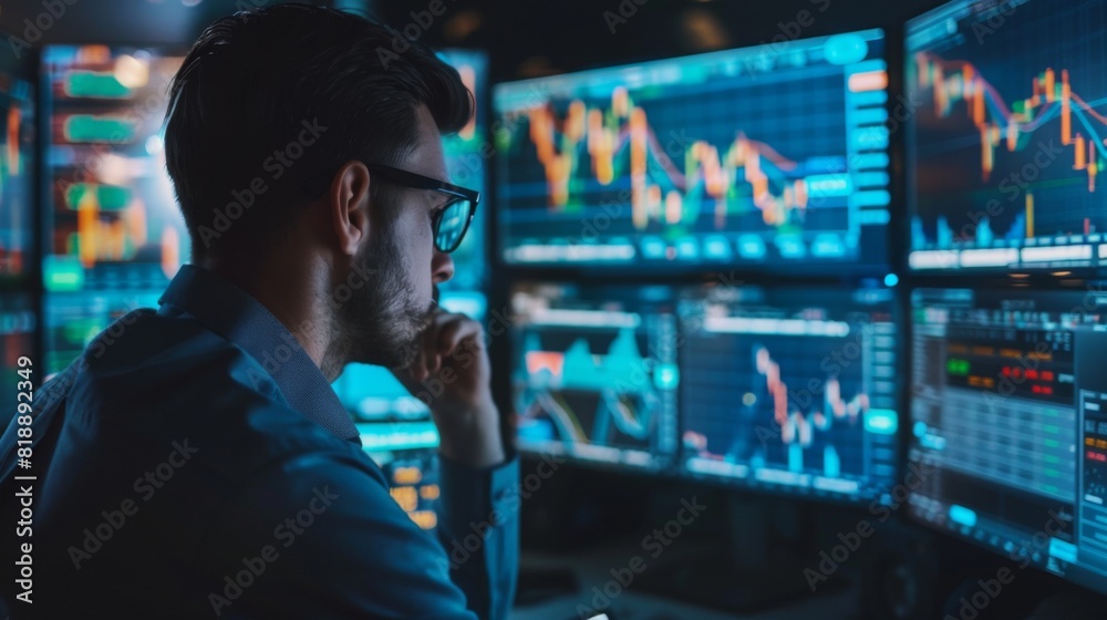 Leinwandbilder Trader monitoring gold price graphs on multiple screens in a busy trading floor