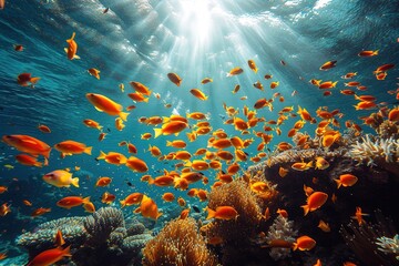 A vibrant coral reef teeming with colorful fish, viewed from the deck of a glass-bottom boat