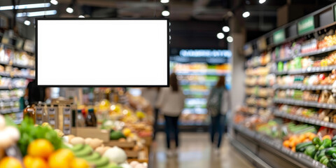 White blank screen advertising sign hanging in  store with  blur people and fruit in a supermarket background with copy space for your design. 