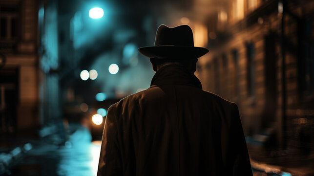 Back view Silhouette of  male  mafia detective wearing coat and hat on street during night