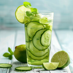 Amidst a backdrop of verdant foliage, a crystal-clear glass brims with a refreshing mojito cocktail adorned with slices of cool cucumber and sprigs of fresh mint
