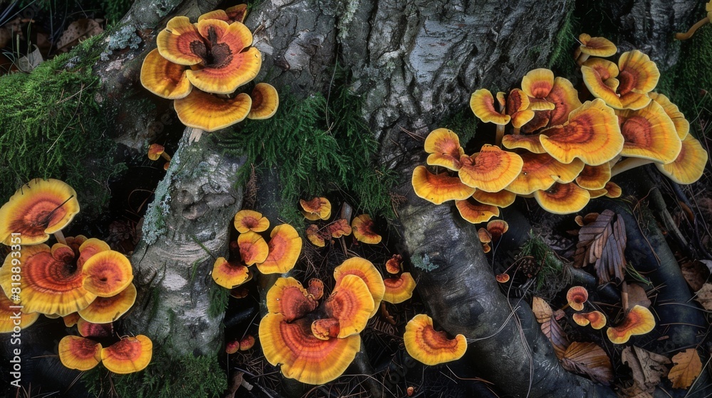 Aufkleber vibrant fungi thriving on the roots of a tree, adding color to the forest floor