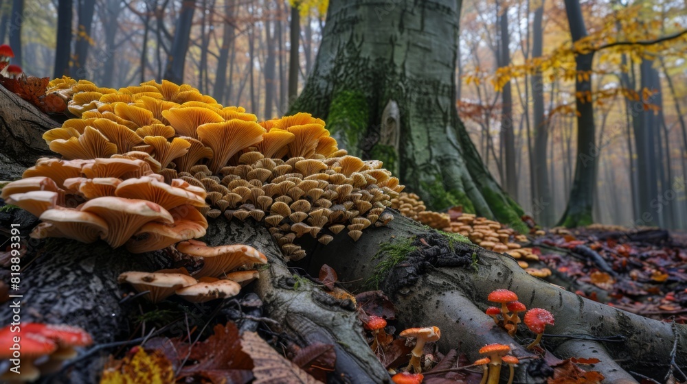 Poster Vibrant fungi thriving on the roots of a tree, adding color to the forest floor