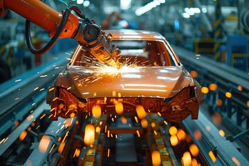 Automotive Manufacturing Robots Robots working on the assembly line in an automotive manufacturing plant