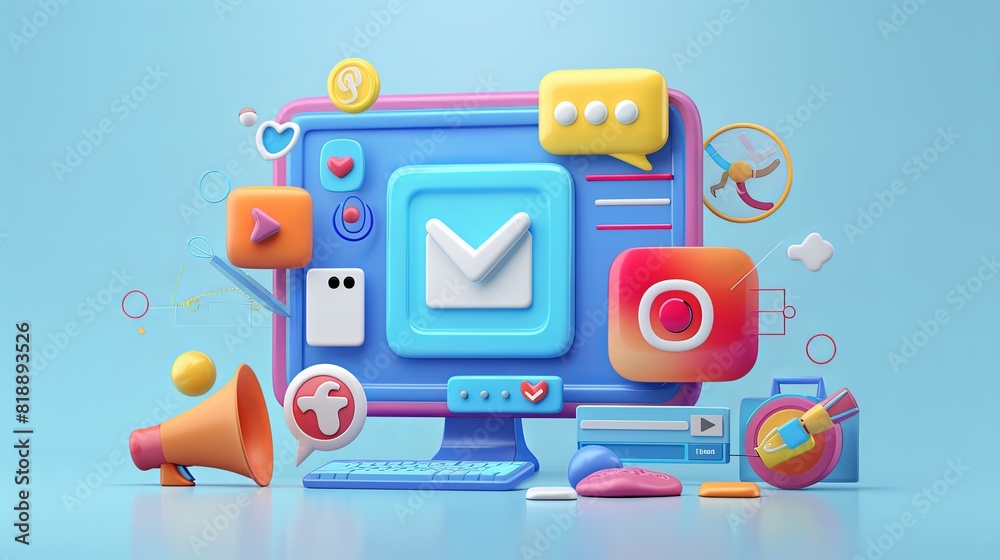 Aufkleber A computer screen displaying numerous icons representing various applications and functions in a digital marketing 3D render illustration. Generative AI