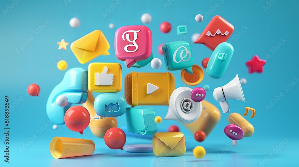 Poster assorted colorful objects suspended in mid-air in a digital marketing 3d render illustration represe