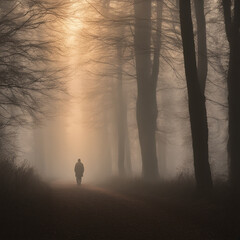 Veiled Solitude: A Walk Through the Misty Forest at Dawn