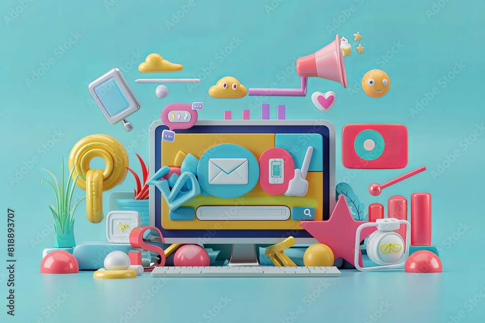Leinwandbilder a digital marketing 3d render illustration showing a computer screen with various objects surroundin
