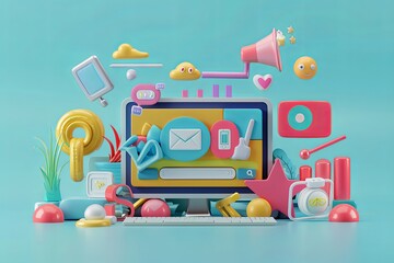 A digital marketing 3D render illustration showing a computer screen with various objects surrounding it, representing social media marketing, promotion, and internet advertising. Generative AI