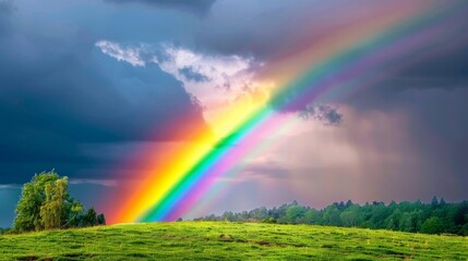 Vibrant rainbow stretching across a stormy sky, promising hope and beauty after the rain