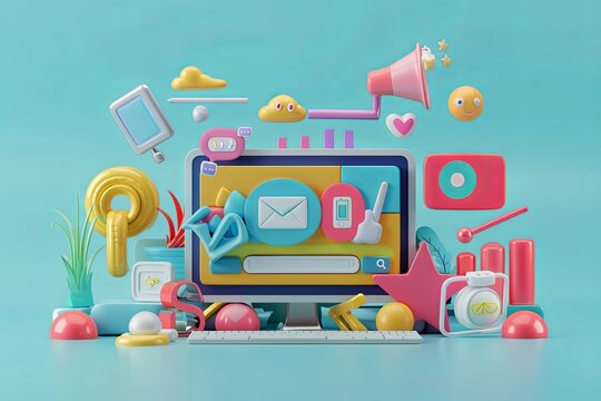 A digital marketing 3D render illustration showing a computer screen with various objects surrounding it, representing social media marketing, promotion, and internet advertising. Generative AI