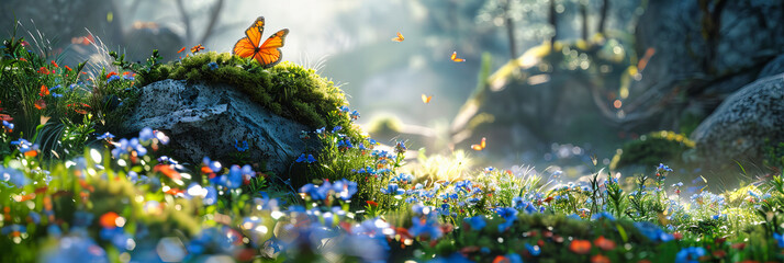 Tranquil Meadow with Wildflowers and Butterflies, Bright and Fresh Spring Landscape