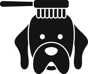 Professional dog grooming icon in black and white with pet care and hygiene elements, featuring a simple silhouette design and vector illustration