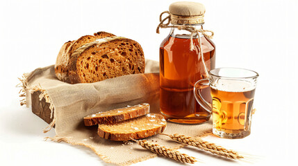 Glasses and bottle of fresh kvass and bread on white background