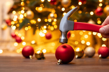 Hammer in male hand above the red christmas ball, going to break it, close up. Christmas...