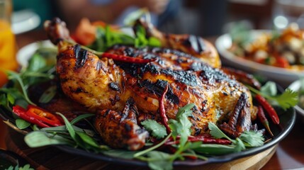 Whole grilled chicken served with fresh herbs and spicy sauce on a platter