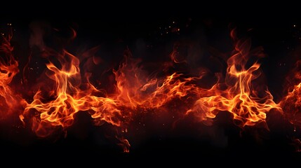 Fire flames texture on black background. Generative AI.