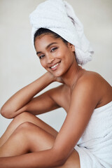 Spa, woman and portrait with towel skincare, beauty and cosmetics for glow, healthy and wellbeing....