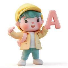 알파벳을 들고 있는 3d 애니메이션 캐릭터